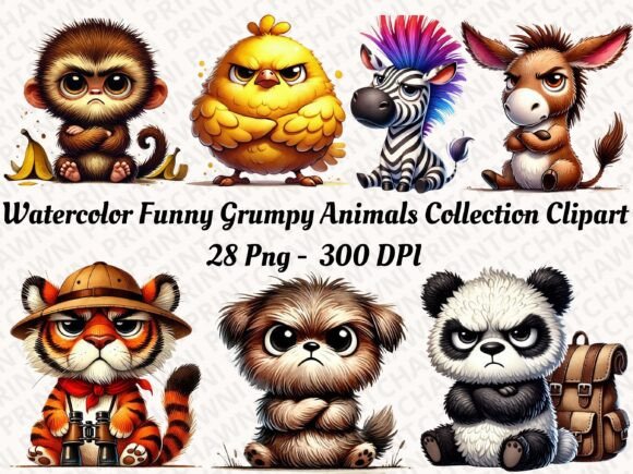 Download Watercolor Funny Grumpy Animals Clipart - Animals clipart Collection