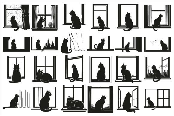 Download Cat Sitting by Window Silhouette - Cat Collection