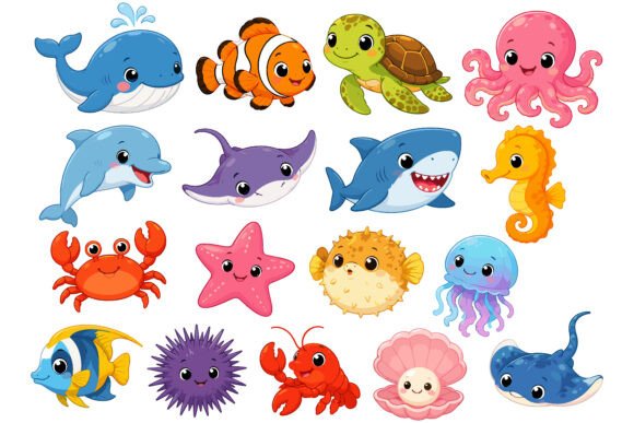 Download Cute Kawaii Sea Animals Clipart Set - Animals clipart Collection