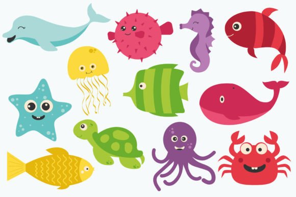 Download Cute Kawaii Sea Animals Clipart Set - Animals clipart Collection