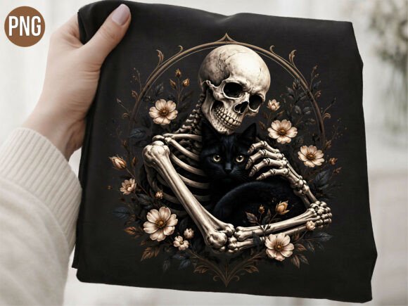Download Gothic Skull Hugging Black Cat PNG Shirt - Cat Collection