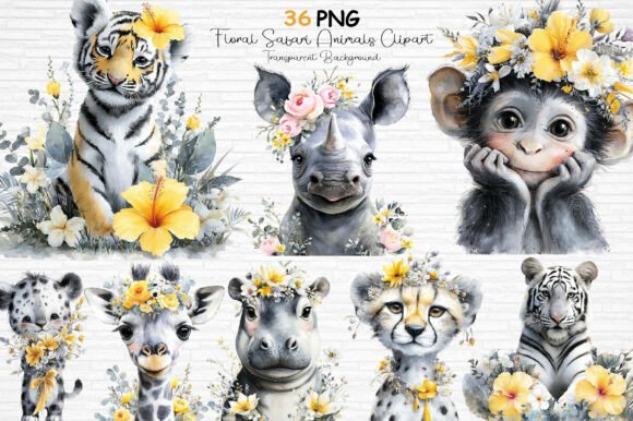 Download Floral Safari Animals Clipart PNG - Animals clipart Collection