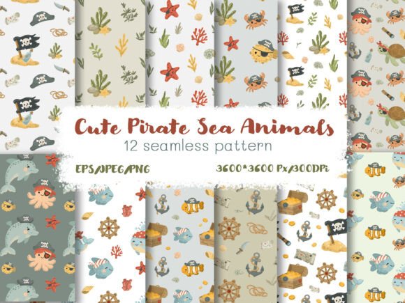 Download Cute Pirate Sea Animals Pattern Set - Sea animals pattern Collection