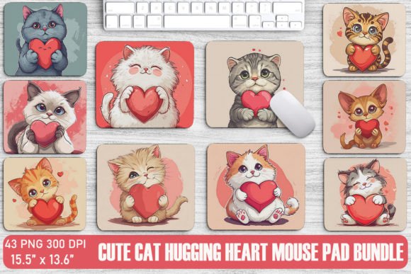 Download Cute Cat Hugging Heart Mouse Pad - Cat Collection