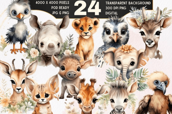 Download 24 Boho Baby Safari Animals Clipart Set - Animals clipart Collection